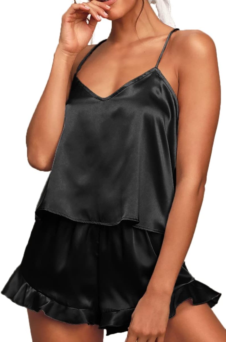 CHYRII Women's Sexy Silk Satin Ruffled Pajamas Sets Cami Shorts Sets Sleepwear
