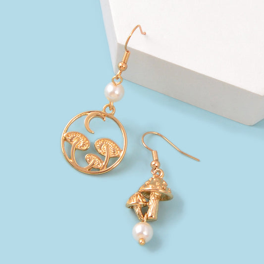 Asymmetrical Design Magical Gold Mushroom Moon Pearl Charm Dangle Earrings Gift