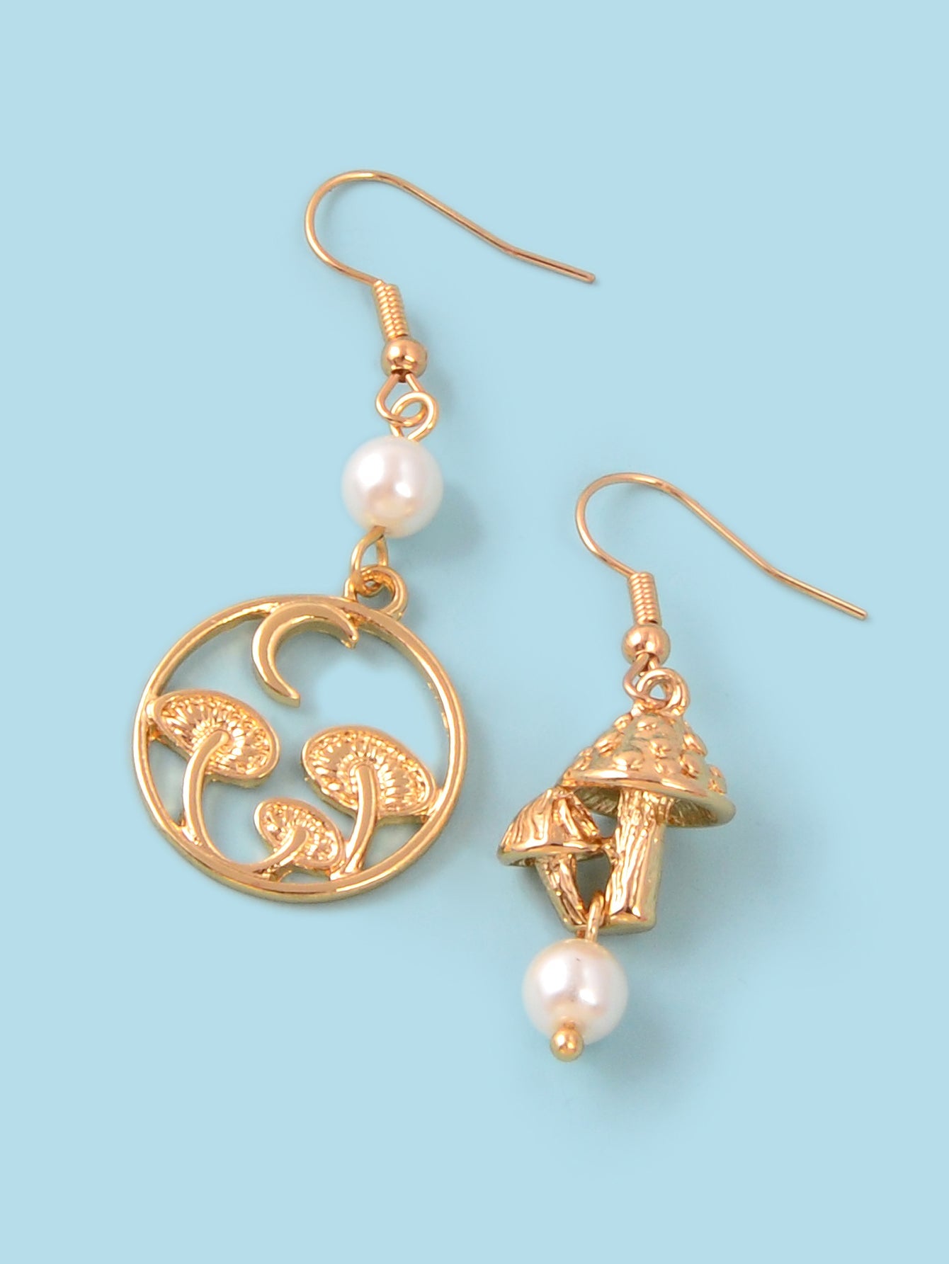 Asymmetrical Design Magical Gold Mushroom Moon Pearl Charm Dangle Earrings Gift
