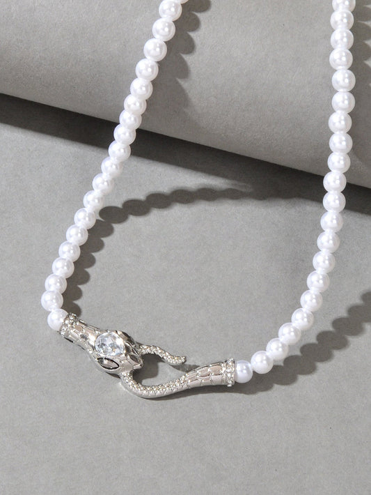 Punk Retro Pearl Beads Chain Gold Silver Snake Short Clavicle Statement Necklace