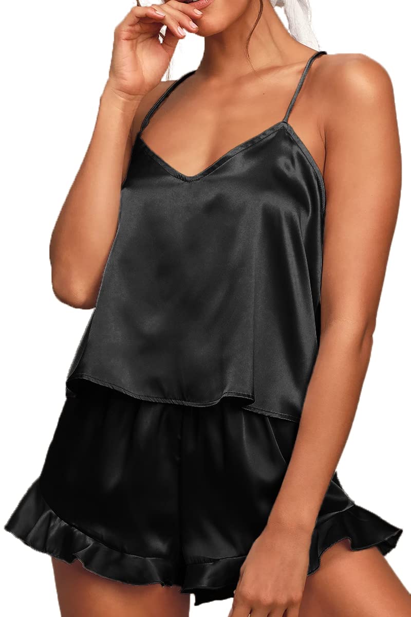 CHYRII Women's Sexy Silk Satin Ruffled Pajamas Sets Cami Shorts Sets Sleepwear