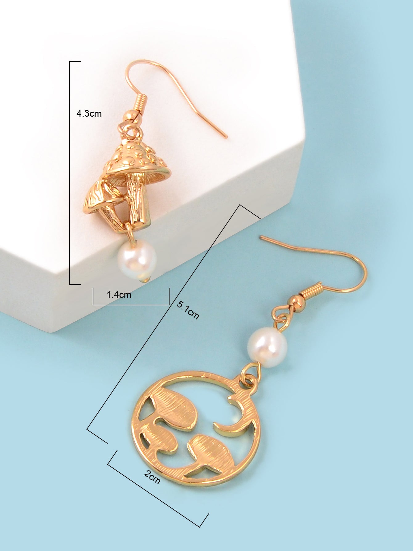 Asymmetrical Design Magical Gold Mushroom Moon Pearl Charm Dangle Earrings Gift