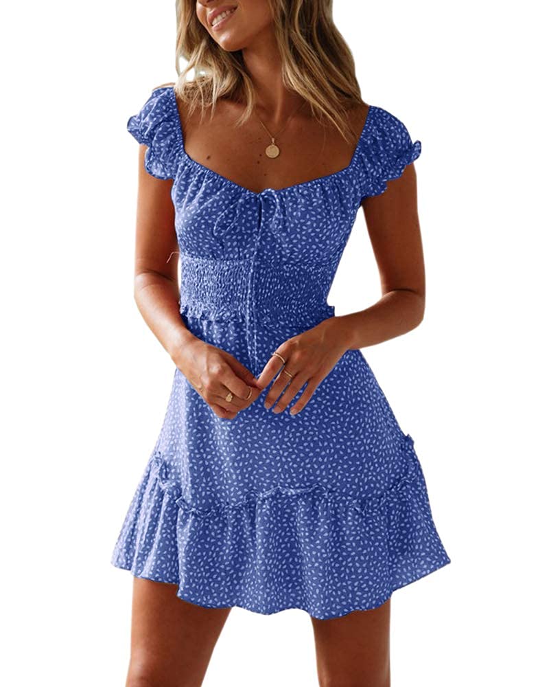 Cicy Bell Women's Summer Ruffle Sleeve Sweetheart Neckline Printing Dress Mini Dress